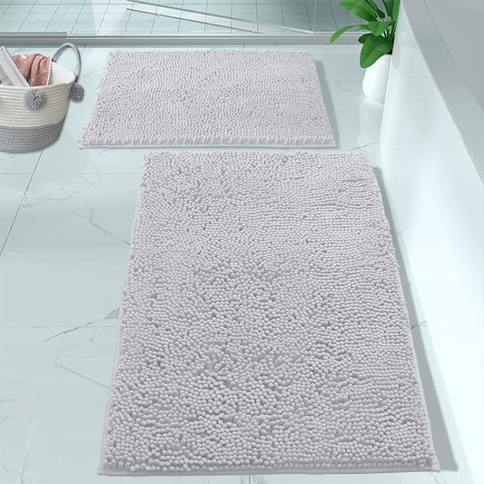LuxUrux 2 Piece Bathroom Rug Set - Premium Plush Bath Mat Shower Rugs, 1" Chenille Microfiber, Non-Slip & Absorbent, Soft & Cozy, Durable Stylish (20x30 & 16x24 inches, White)