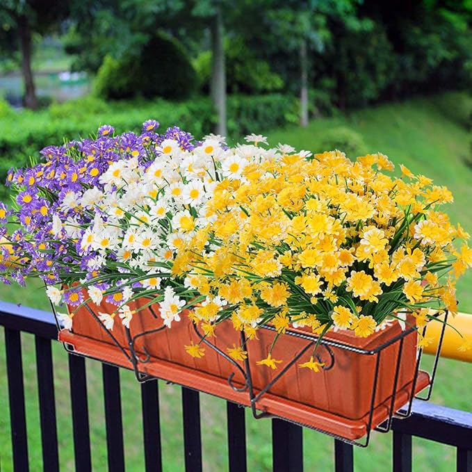 8 Bundles Artificial Daisies Flowers Outdoor UV Resistant Fake Foliage Greenery Faux Plants Shrubs Plastic Bushes for Window Box Hanging Planter Farmhouse Indoor Outside Decor(Yellow)