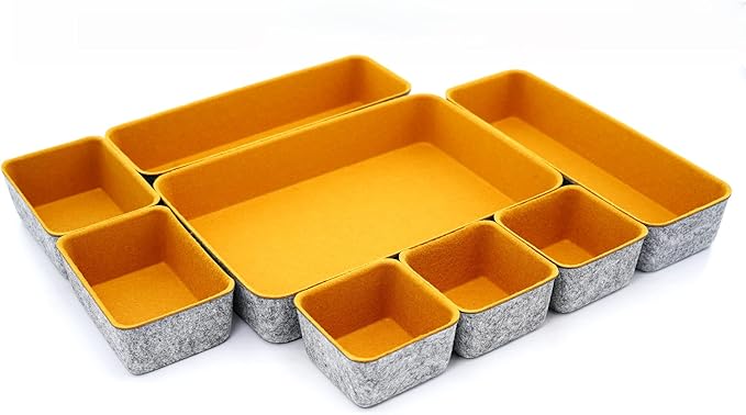 Welaxy desk drawer organizers tray dividers small shallow felt storage box for office suppliers entryway catchall key holder makeup crafts pens decluttering 8-piece back to school (Curry)