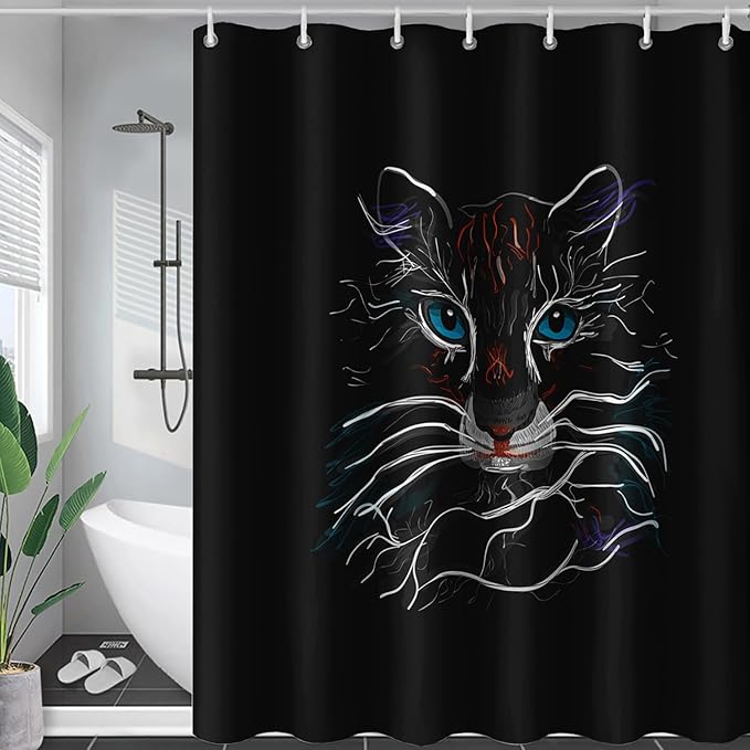 AILONEN Cat Shower Curtain for Kids Teens,Colorful Line Cat Bath Curtain for Bathroom,Animal Polyester Waterproof with 12 Plastic Hooks 72" W*96" H