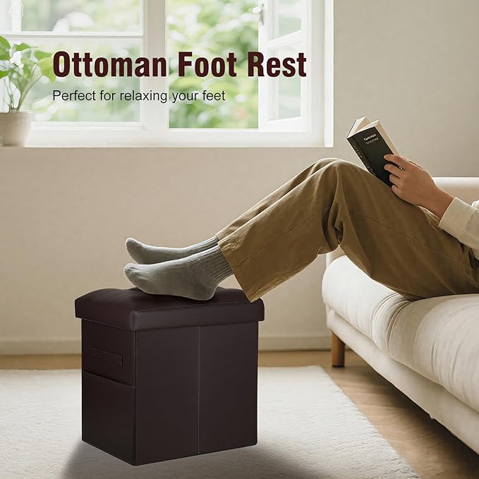 Storage Ottoman, Slim Tall Foot Stool with Thicker Foam Padded Seat. Folding Leather Foot Rest Furniture with Handles & Side Pocket. Ottoman with Storage for Living Room 350 lbs, 17x13x17in, Brown