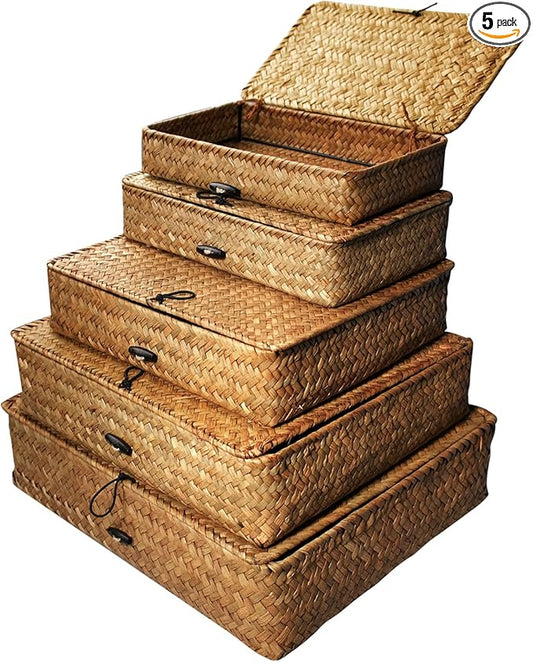5 Pcs Seagrass Basket with Lid 5 Sizes Decorative Storage Boxes Rattan Wicker Storage Basket with Lids Woven Organizer Baskets Multipurpose Flat Storage Bins for Shelf Closet Bedroom (Brown)