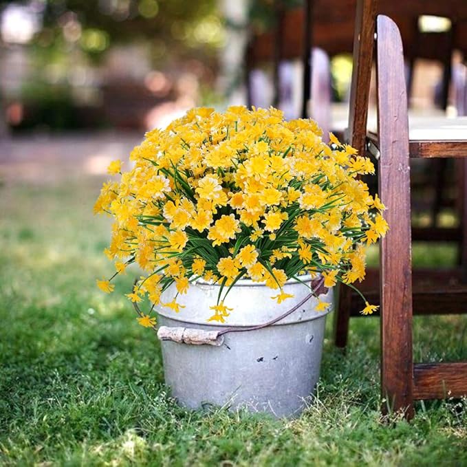 8 Bundles Artificial Daisies Flowers Outdoor UV Resistant Fake Foliage Greenery Faux Plants Shrubs Plastic Bushes for Window Box Hanging Planter Farmhouse Indoor Outside Decor(Yellow)