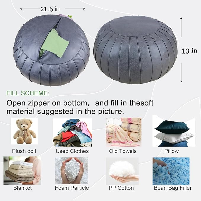 Thgonwid Handmade Storage Pouf Ottoman Foot Stool - Faux Suede Round Floor Cushion 21.6"x13" for Living Room, Bedroom, Wedding Decor, Unstuffed (Deep Grey)