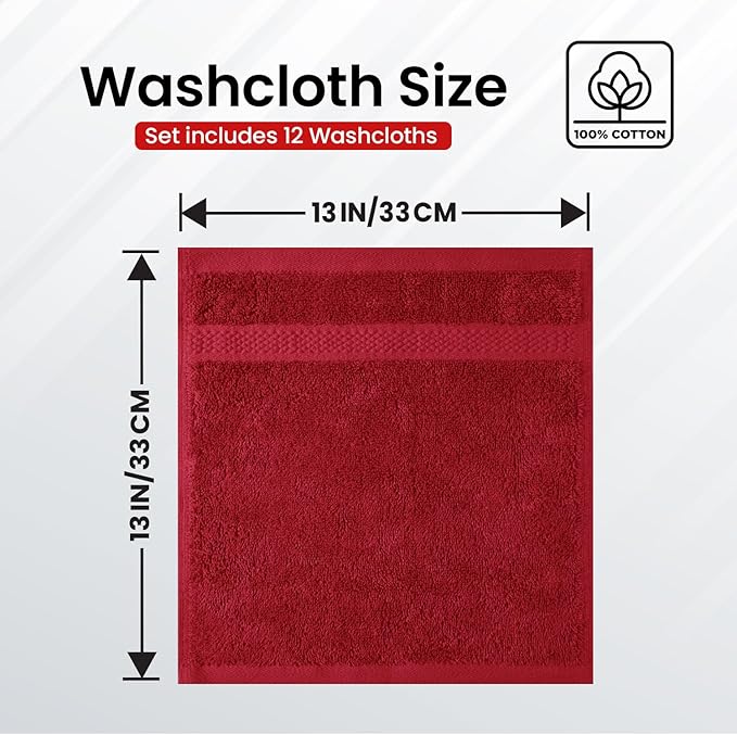Infinitee Xclusives Luxury Wash Cloths for Showering [13x13] – 100% Cotton Washcloths [Pack of 12], Soft and Absorbent Face Towels for Bathroom Wash Clothes, Gym, and Spa (Intimate Red)