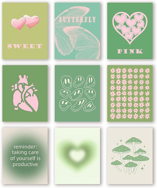 InSimSea Sweet Heart Preppy Wall Decor Aesthetic Wall Pictures for Living Room Pink Green Boho Wall Art Prints Set Danish Pastel Flower Butterfly Wall Posters Collage Abstract Home Decor Bedroom