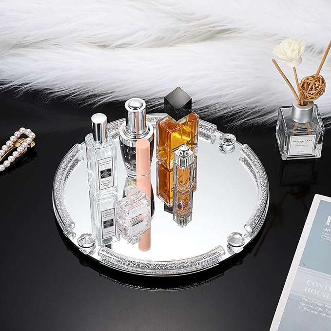 Hipiwe Crushed Diamond Perfume Tray - 9.8" Round Mirror Vanity Trays Glass Decorative Trays for Bathroom Countertop Cosmetic Makeup Organizer Tray Silver Jewelry Trays