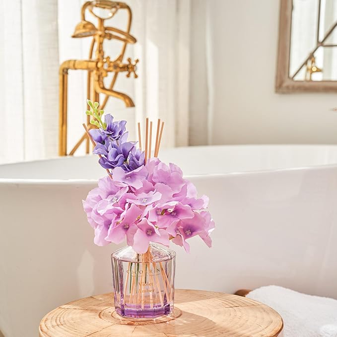 COCORRÍNA Reed Diffuser - Violet Amber 8.5oz Flower Reed Diffuser Set with 8 Sticks, Home Fragrance Reed Diffuser for Home Bedroom Office Bathroom Shelf Decor (Master Collection)