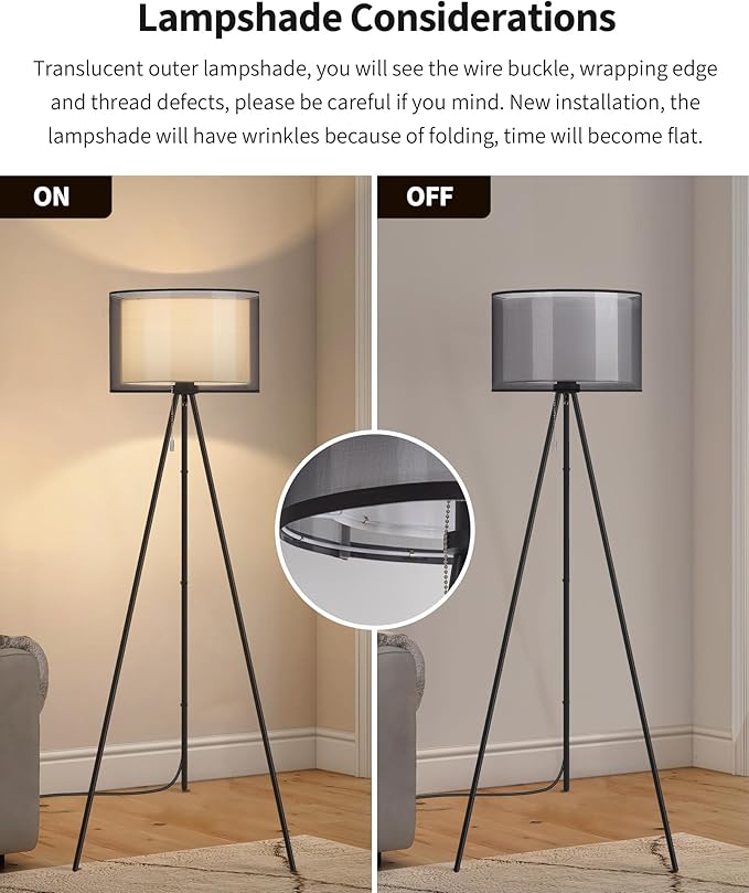 KDG Modern Floor Lamp - Tall Tripod Lamp for Living Room, Bedroom, Office; Fabric Shade, LED Bulb, Warm Light (Black)