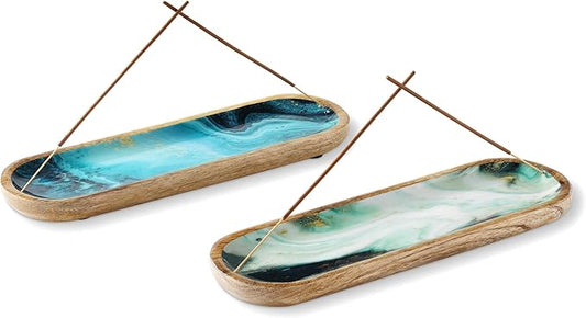 Folkulture Incense Holder or Incense Burner, Incense Holder for Sticks or Wooden Incense Tray for Sticks, Modern Insence-Stick Holder, Ash Catcher, Mango Wood, Set of 2, Blue and Green Agate