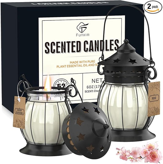 Scented Candles Gifts Set for Women, 2X 6 oz Aromatherapy Jar Candles for Home, Rosa & Cherry Blossom Soy Wax Long Lasting Retro Lantern Candles Perfect for Stress Relief Mum Yoga Bath Spa Christmas