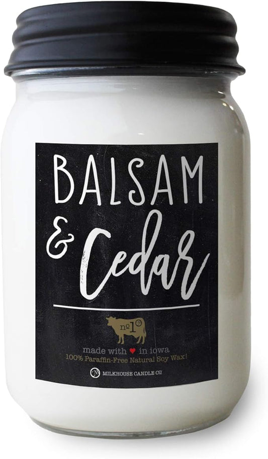 Milkhouse Candle Company - Balsam & Cedar - 13oz Beeswax and Soy Candles - Farmhouse Collection - 100% Natural, Paraffin Free, with Premium Fragrance Oil, Glass Jars with Lids
