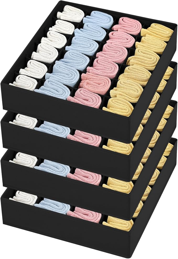 Joyoldelf Sock Drawer Organizer Divider Underwear Organizer 24-cell Fabric Dresser Drawer Organizers Storage Boxes for Socks Lingerie, Handkerchiefs, Ties 4 Pack (Black)