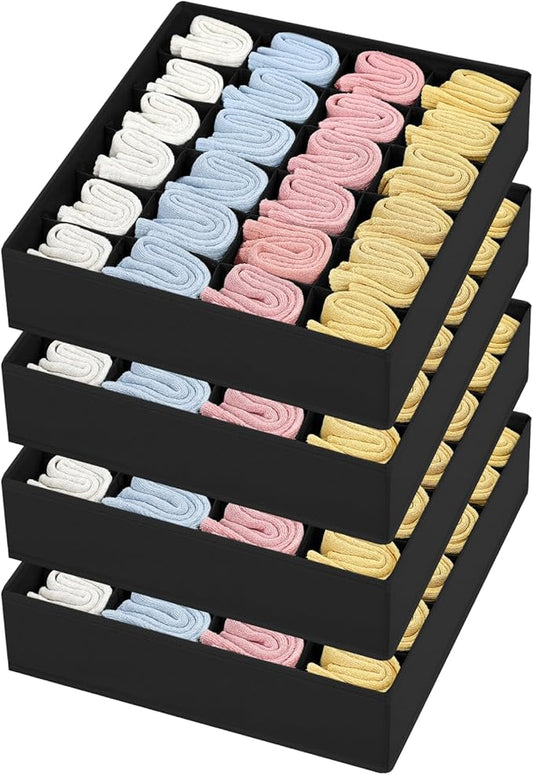 Joyoldelf Sock Drawer Organizer Divider Underwear Organizer 24-cell Fabric Dresser Drawer Organizers Storage Boxes for Socks Lingerie, Handkerchiefs, Ties 4 Pack (Black)