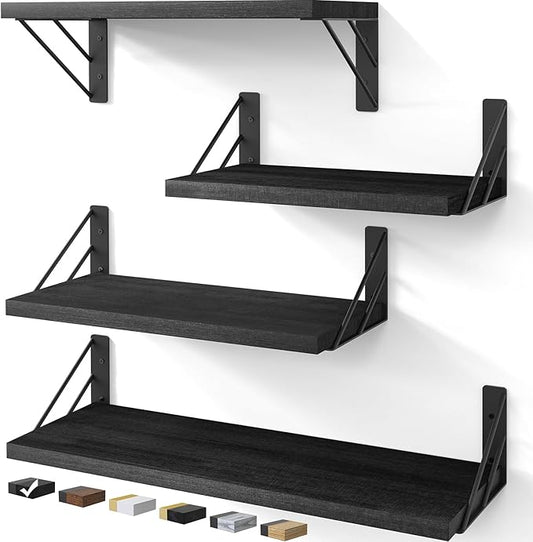 BAYKA Wall Shelves for Bedroom Decor, Floating Shelves for Wall Storage, Display Mounted Rustic Wood Shelf for Books,Plants,Corner Shelves for Bathroom,Kitchen,Living Room(Set of 4)