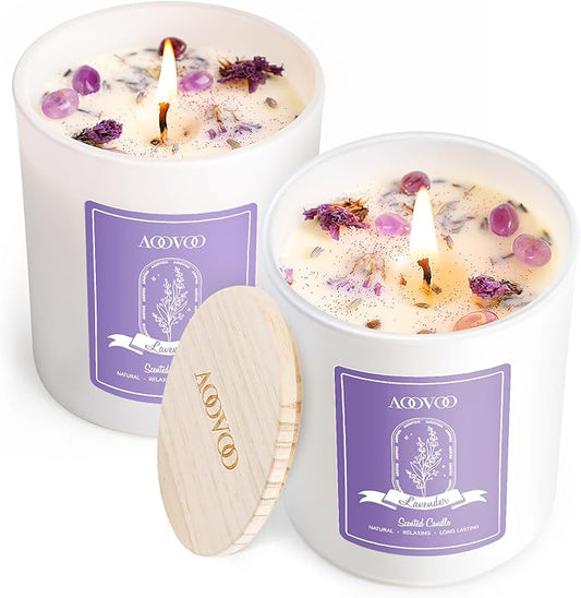 AOOVOO Lavender Scented Candle Set 2 Pack - Aromatherapy Candle with Crystals Inside, 14oz Soy Candles for Home Scented, Birthday Gifts Mothers Day Candle for Women Mom