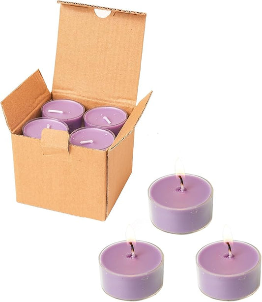 12 Unscented Natural Soy Tealight Candles in Clear Cups, 5H Long Clean Burning, Hand-Poured Purple Mini Tea Candle Set for Parties, Spa, Meditation, Gift, Holiday, Emergency, Home Decor