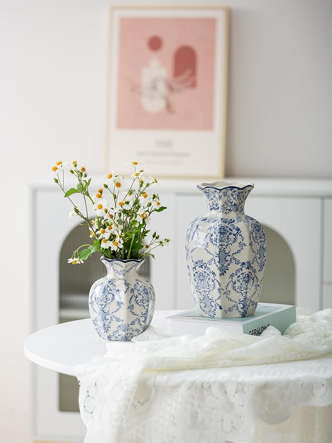 Blue and White Vase, Vintage Blue Ceramic Flower Vessel,Ceramic vases for Home Decor,Vintage Green and Beige for Console Table Mantle Chinoiserie Decor (Blue and White-01, Large)