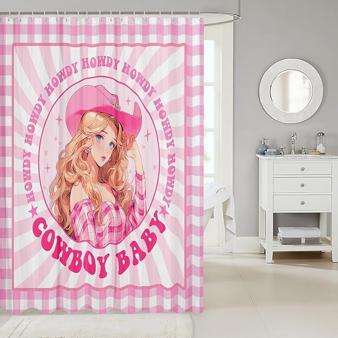 Manfei Western Cowgirl Kids Shower Curtains,Stars Cowboy Rustic Farmhouse Bathroom Curtains for Girls Women,Geometric Grids Patchwork Pink Dreamy Chic Waterproof Curtains,12 Hooks Suits,72" W x 78" L