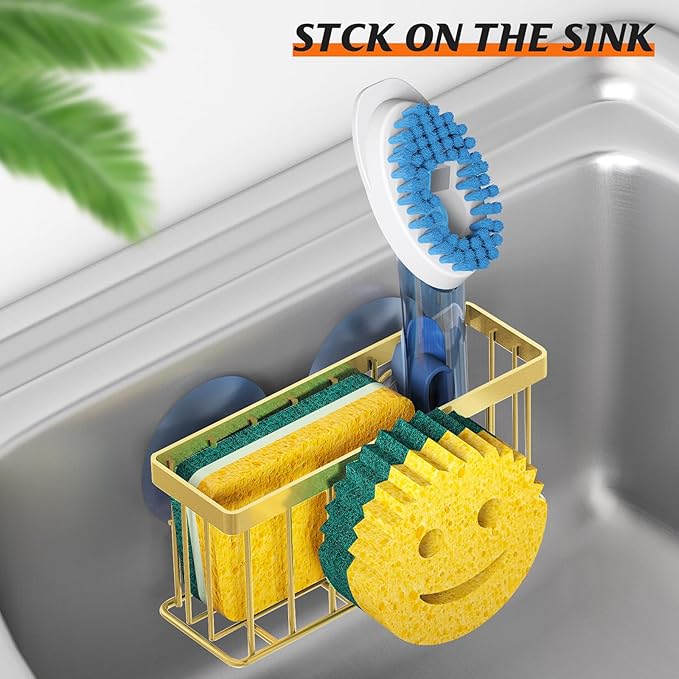 Sponge Holder Smiley Face, Sink Caddy for Kitchen Sink, Sink Organizer Sponge Holder with 2 PCS Suction Cups/1 PCS Adhesive Strips, Designed for Sponge, Soap, Dish Brush, Scrubber-Gold