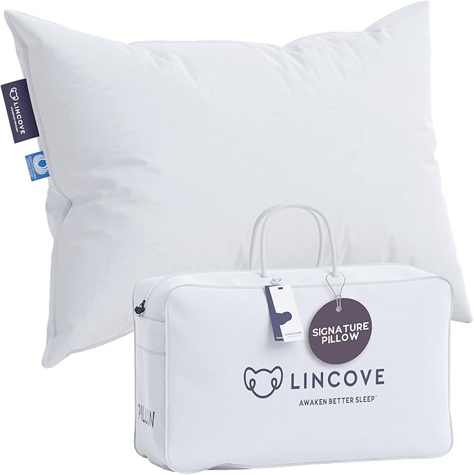 Lincove Signature 100% Canadian White Down Pillow - Luxury Sleeping Pillow for Back, Stomach & Side Sleepers - 800 Fill Power Bed Pillow, 500 Thread Count, Made in Canada, Queen - Soft, 1 Pack
