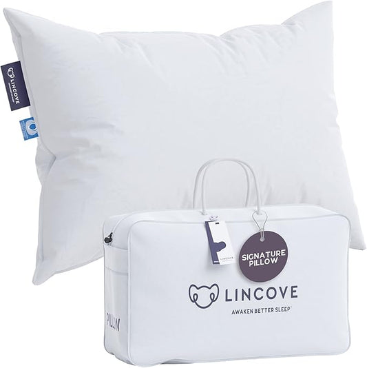 Lincove Signature 100% Natural Canadian White Down Luxury Sleeping Pillow - 800 Fill Power, 500 Thread Count Cotton Shell, Made in Canada, Queen - Firm, 1 Pack