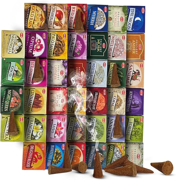 Hem Incense Cones Variety Pack of 12 Randomly Selected Fragrances and Incense Cone Holder Bundle Total 120 Cones