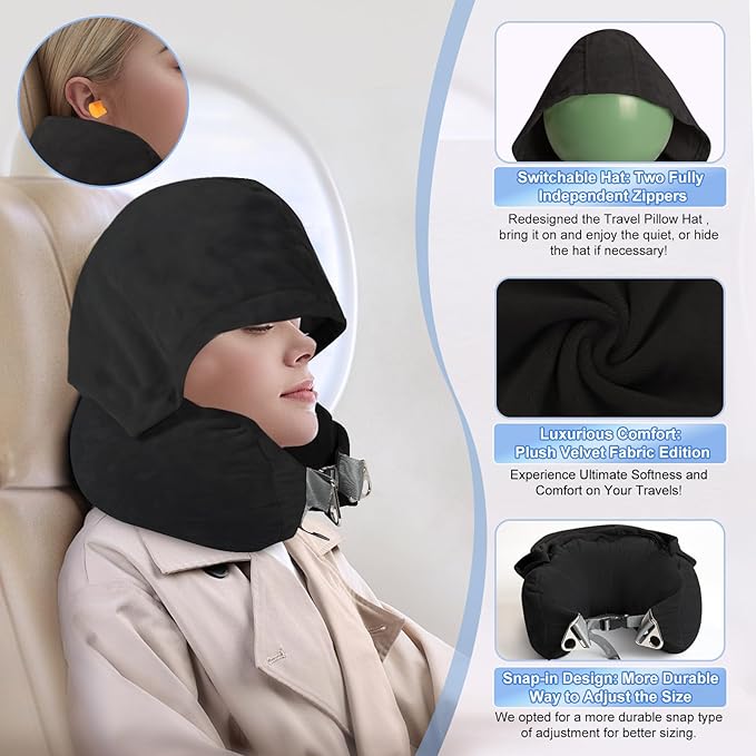 DreamShore Stuffable Neck Pillow for Travel with Hood - Adjustable Velvet Travel Pillow with Earplugs & Eye Mask, Ultimate Carry-On Travel Neck Pillow for Airplane, Travel Pillow for Extra Luggage