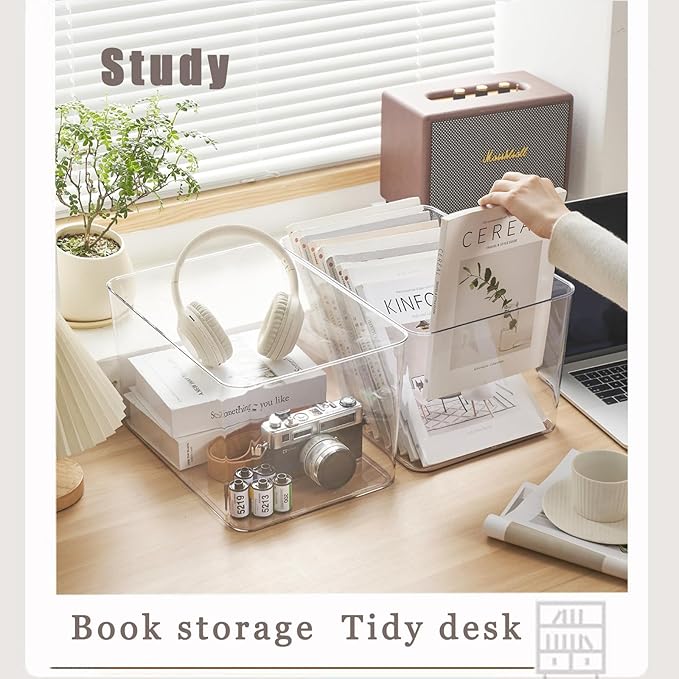 Clear plastic storage bins with LIDS-4packs,storage containers for snacks, cosmetics, books, dog food, Storage Organizer for Nursery，Kitchen, Living room,Bedroom, Bathroom, Office