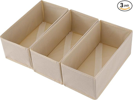 Socks Drawer Organizer Set of 3 Pack Beige, Underwear Dividers, Closet Cabinet Dresser Wardrobe Storage Boxes for Panties Stockings Leggings