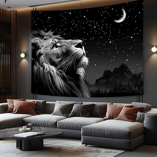 Boziqr Cool Lion Wall Hanging, Space Stars Moon Wall Art for Men, Aesthetic Black Wall Hanging for Bedroom, Living Room, Dorm Room Decor - 60x40 Inches