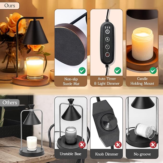 Black Candle Warmer Lamp with Timer, Birthday Gifts for Him Her, House Warming Gifts New Home Decor Aesthetic Black, Electric Dimmable Wax Melt Warmer for Jar Candles with 2 Bulbs
