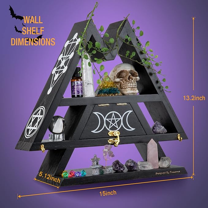 Pracaniz Crystal Shelf with Flap Drawer&Hooks for Wall&Desktop, Moon Holder as Witchy Room Decor,Moon Phase Triangle Shelf,Witchy Decor&Moon Decor Bedroom.
