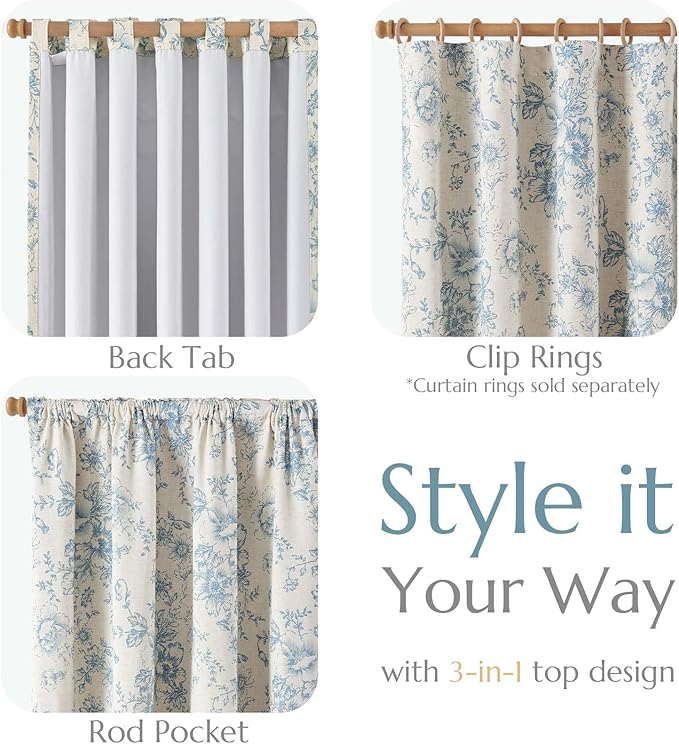 jinchan Blackout Linen Blend Curtain Floral Blackout Curtains for Living Room 90 Inch Length Blue Printed with Lined Blackout Curtain for Bedroom Farmhouse Curtains Set 2 Panels