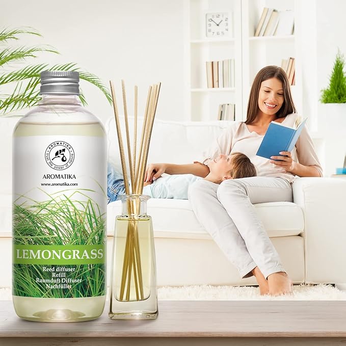 Lemongrass Diffuser Refill 34 Fl Oz (2x17 Fl Oz) - Fresh & Long Lasting Fragrance - Refill with Natural Essential Lemongrass Oil - for Aromatherapy - Spa - Home - Reed Diffuser Oil Refill Lemongrass