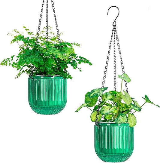Melphoe 2 Pack Self Watering Hanging Planters Indoor Flower Pots, 5.3 Inch Outdoor Hanging Basket, Plant Hanger with 3Hooks Drainage Holes for Garden Home (Emerald)
