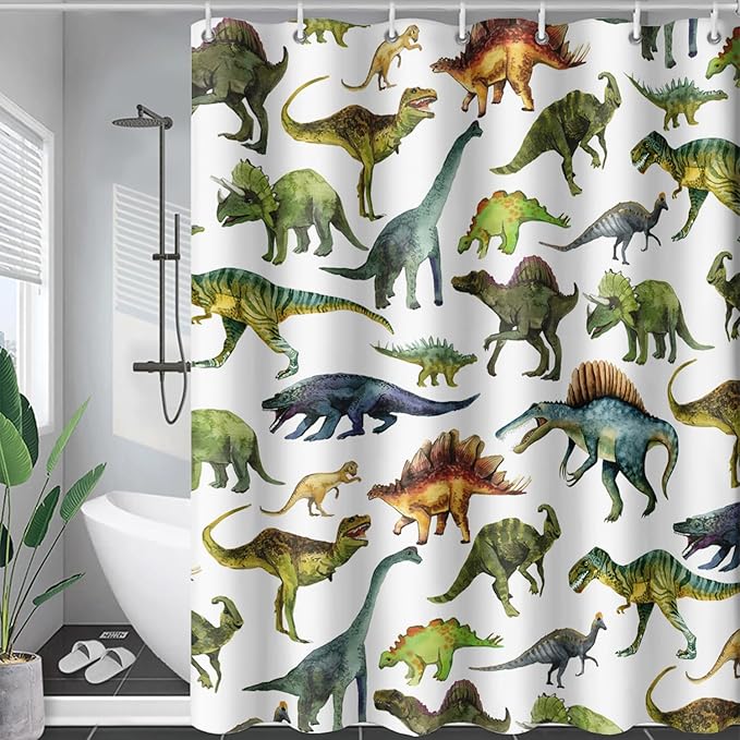AILONEN Dinosaur Shower Curtain 36" W*72" H for Bathroom,Cartoon Dinosaur Bathroom Shower,Tropical Jungle Dinosaur Kids Boys Bath Curtain Polyester Waterproof Bathroom Curtain with Hooks