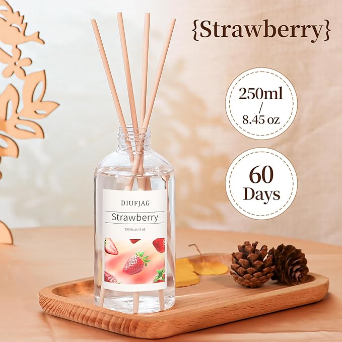 Strawberry Reed Diffuser with 10 Fiber Sticks, 8.45 oz Reed Diffusers for Home Essentials Bathroom,Last up to 60 Days