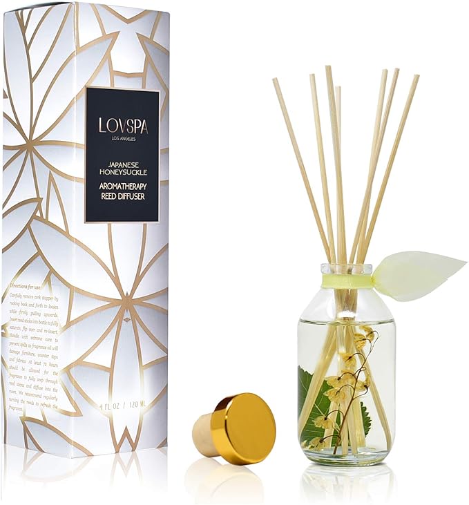 LOVSPA Japanese Honeysuckle Reed Diffuser Set - Fresh Floral Bouquet Scent Diffuser - Reed Diffusers for Home with Long Lasting Fragrance - Non-Toxic Oil Reed Diffuser - Made in The USA