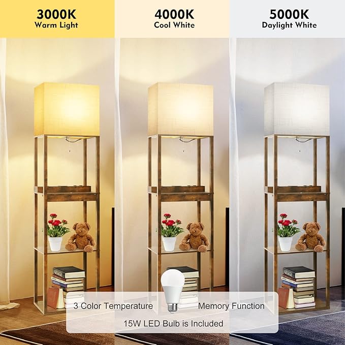 RUNTOP Floor Lamp with Shelves, Plus Shelf Lamp with Wireless Charger, 2 USB Port and Outlet, 1 Drawer, 15W LED Bulb, 3 Colors, Memory Function, Floor Lamps for Living Room, Standing Lamp for Bedroom