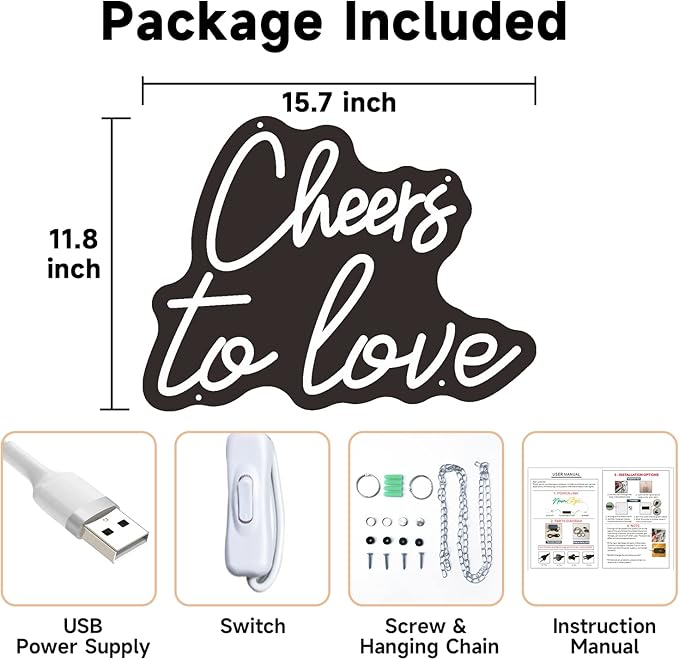 Cheers to Love Neon Sign for Wall Decor, Cheers to Love Led Sign with USB Supply for Bedroom Birthday Wedding Decor，White Led Signs 15.7x11.8 Inch