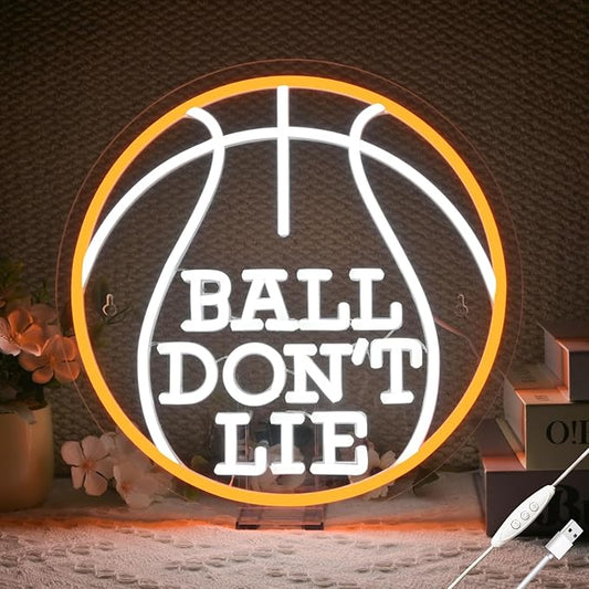 Ball Don’t Lie Neon Sign, Basketball LED Light for Game Room, Man Cave, Bedroom, or Office, USB Powered, Dimmable, 13.3” Round Wall Decor Gift for Hoopers