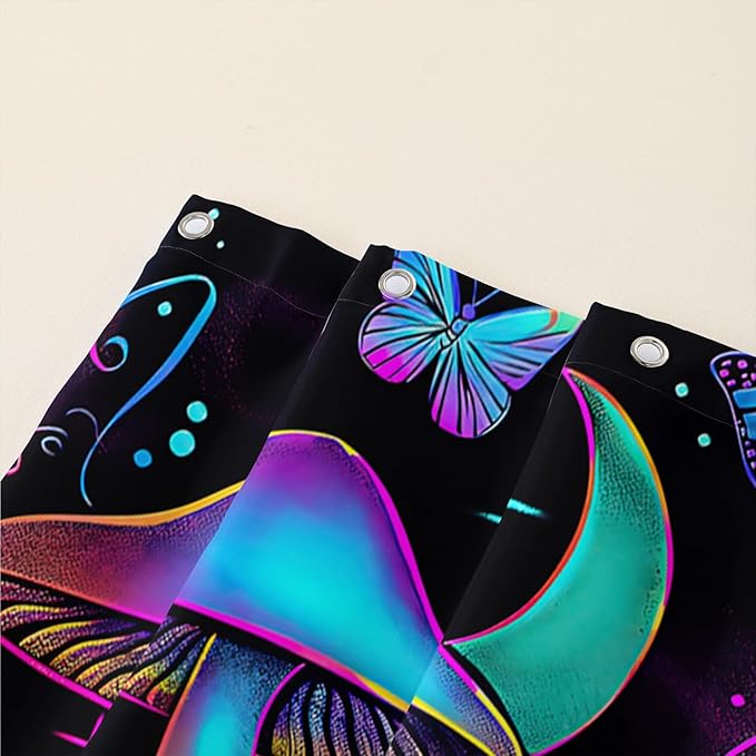 AILONEN Mushroom Shower Curtain,Colorful Butterfly Flower Decoration,Polyester Fabric,Waterproof,Botanical Fungus Plants Black Bath Curtains Washable,with 12 Plastic Hooks, 72" W x 96" H