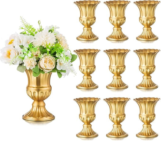 Sziqiqi Metal Flower Arrangements Pot for Wedding Table Centerpiece - Gold Planter Vase Pot for Artificial Real Flower Small Trumpet Plant Urn 6.3in