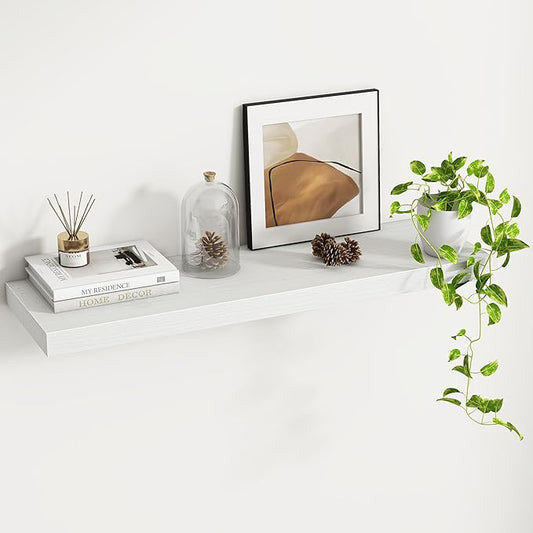 Fun Memories 36 Inch Floating Shelves - Rustic Wooden Wall Shelves - Wall Mounted Storage Shelf with Invisible Brackets - Extra Deeper & Thicker for Living Room, 36" W x 9" D x 1.6" H - White