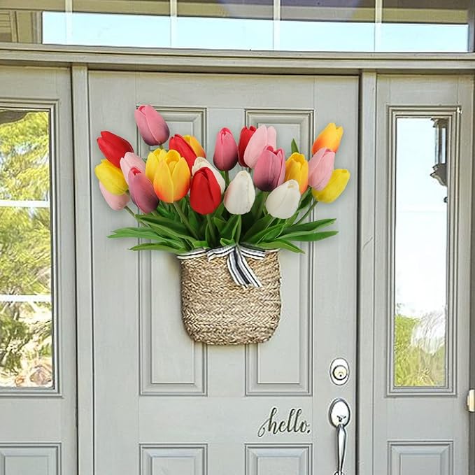 Beferr 18Pcs Tulips Artificial Flowers Faux Tulip Real Touch Tulip Fake Flowers Bouquets Arrangements for Mothers Day Spring Easter Wedding Home Table Decor
