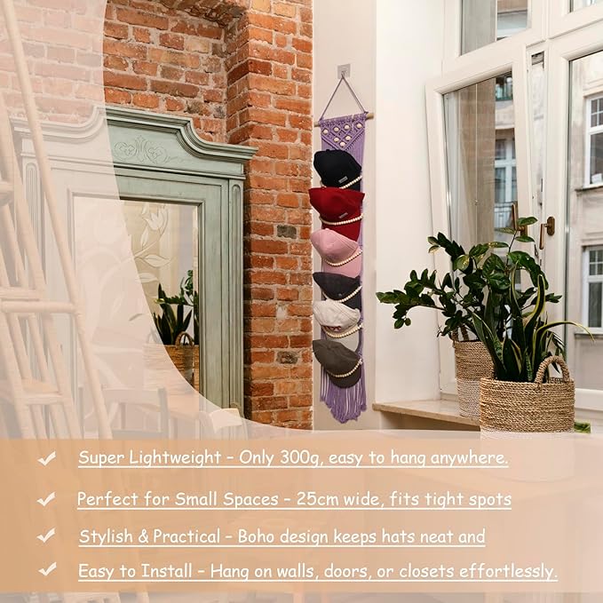 Ball Cap Hanger-1 Pack-Boho Macrame Cap Holder Wall Hat Organizer for Baseball Cap Holder Over Door, Hat Rack for Wall, Cap Rack for Decoration and Display(purple)