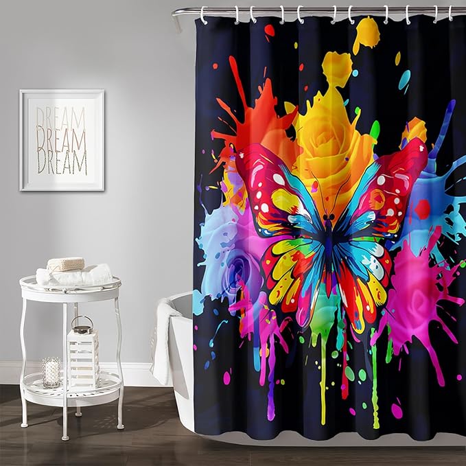 AILONEN Butterfly Shower Curtain for Bathroom, 3D Oil Painting Butterfly Bath Curtain,Colorful Butterfly Rose Flower Decoration Waterproof Black Curtain with 12 Plastic Hooks, 60" W*72" H