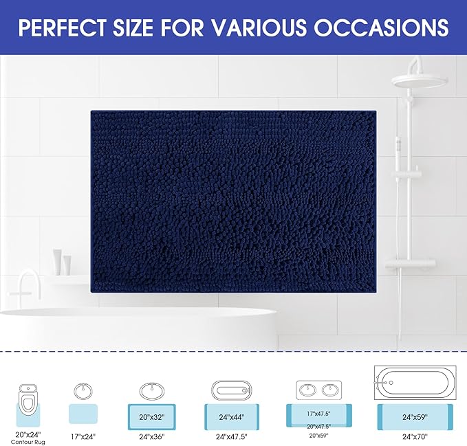 ACCUMTEK Striped Navy Blue Bathroom Rug Mat 36"x24" Ultra Soft, Non Slip Chenille Bath Rugs, Absorbent Plush Shaggy Bath Mats for Bathroom, Bedroom, Kitchen, Shower, Tub