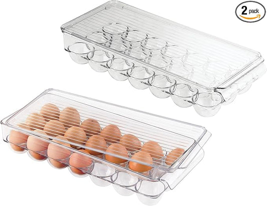 iDesign Plastic Egg Holder with Lid and Handle - Holds 21 Eggs - Set of 2 - Clear - Made in USA